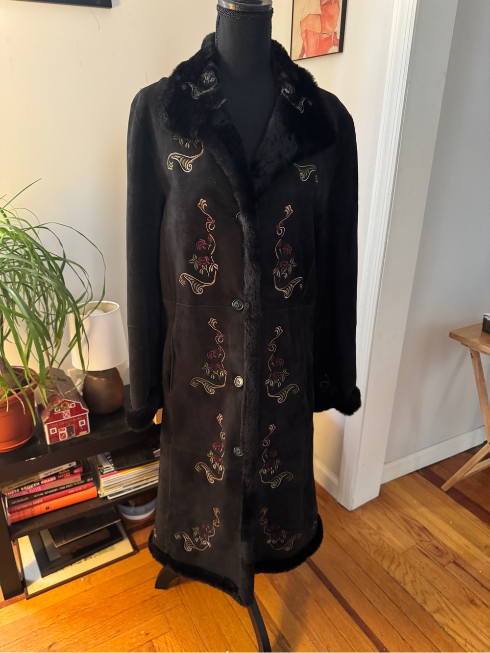 Pasha & Jo Black Embroidered Sheepskin Shearling Coat Size L